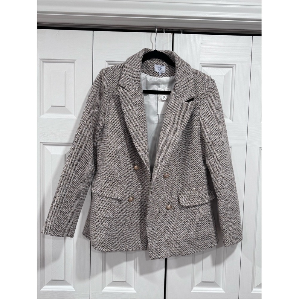 PLM Herringbone Double-Breasted Blazer Jacket Gray Tan Apricot Women's Medium